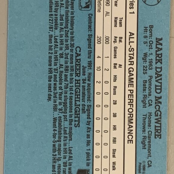 1991 Donruss Baseball Cards Mark McGwire All-Star Grand Slam - Picture 5 of 7